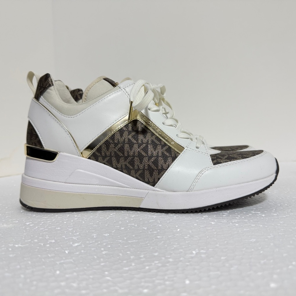 NEW Michael Kors White and Brown Wedge Heal Sneakers with Gold Accents - SZ 10M